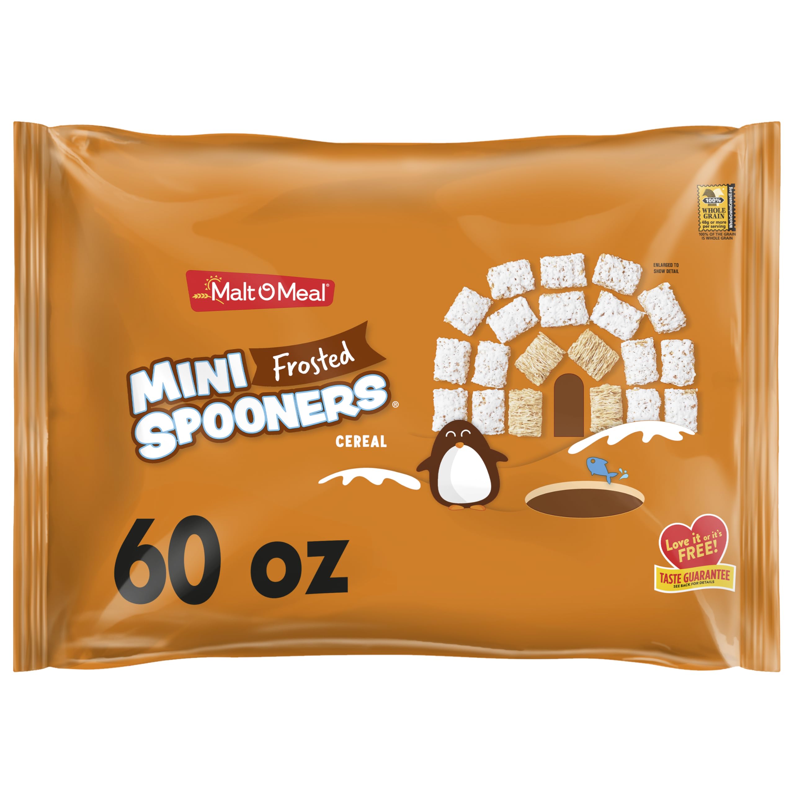 Malt-O-Meal Frosted Mini Spooners bag top view with resealable freshness for daily breakfasts.