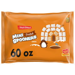 Malt-O-Meal Frosted Mini Spooners bag top view with resealable freshness for daily breakfasts.