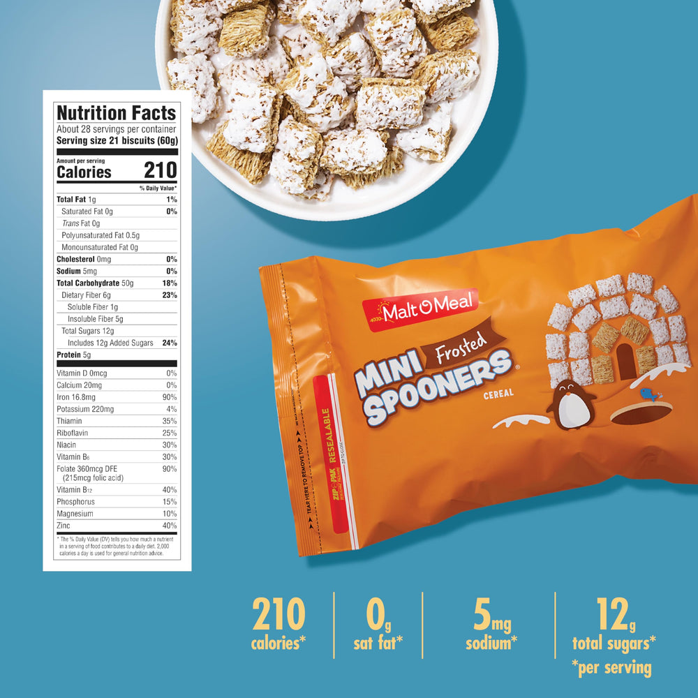 Malt-O-Meal Frosted Mini Spooners in a bowl ready for quick breakfast.