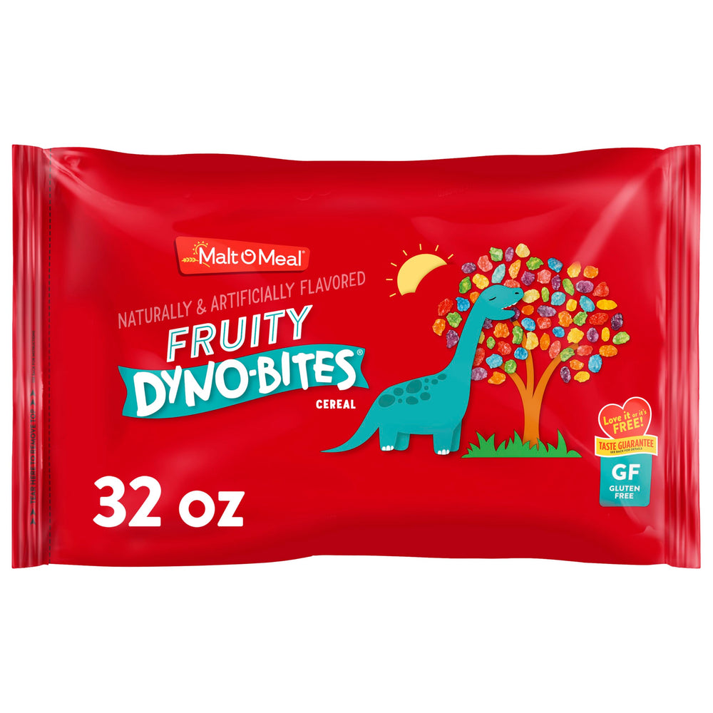 Malt-O-Meal Fruity Dyno Bites in a bowl with bright fruity crunch