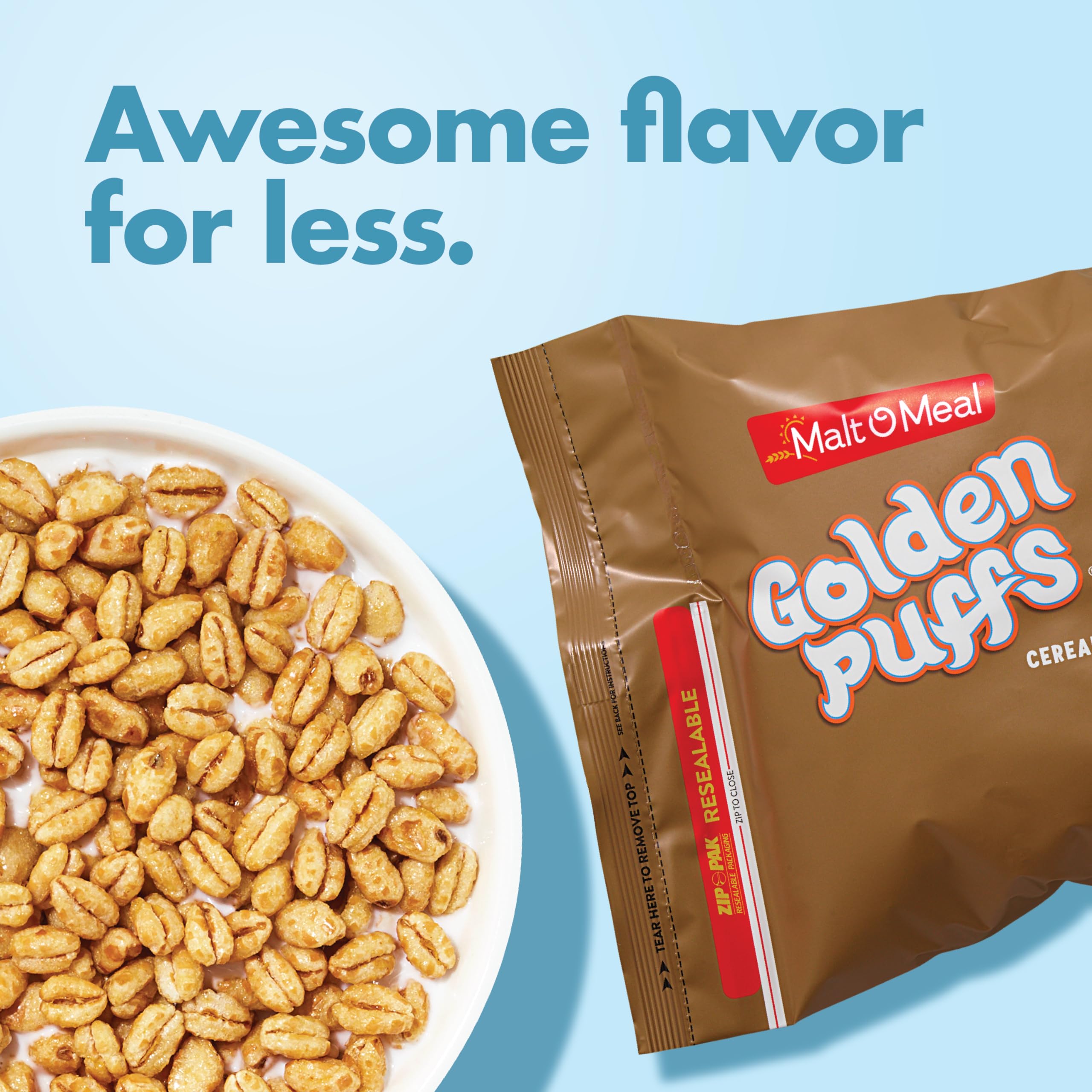 Large family-size Malt-O-Meal Golden Puffs bag on kitchen counter