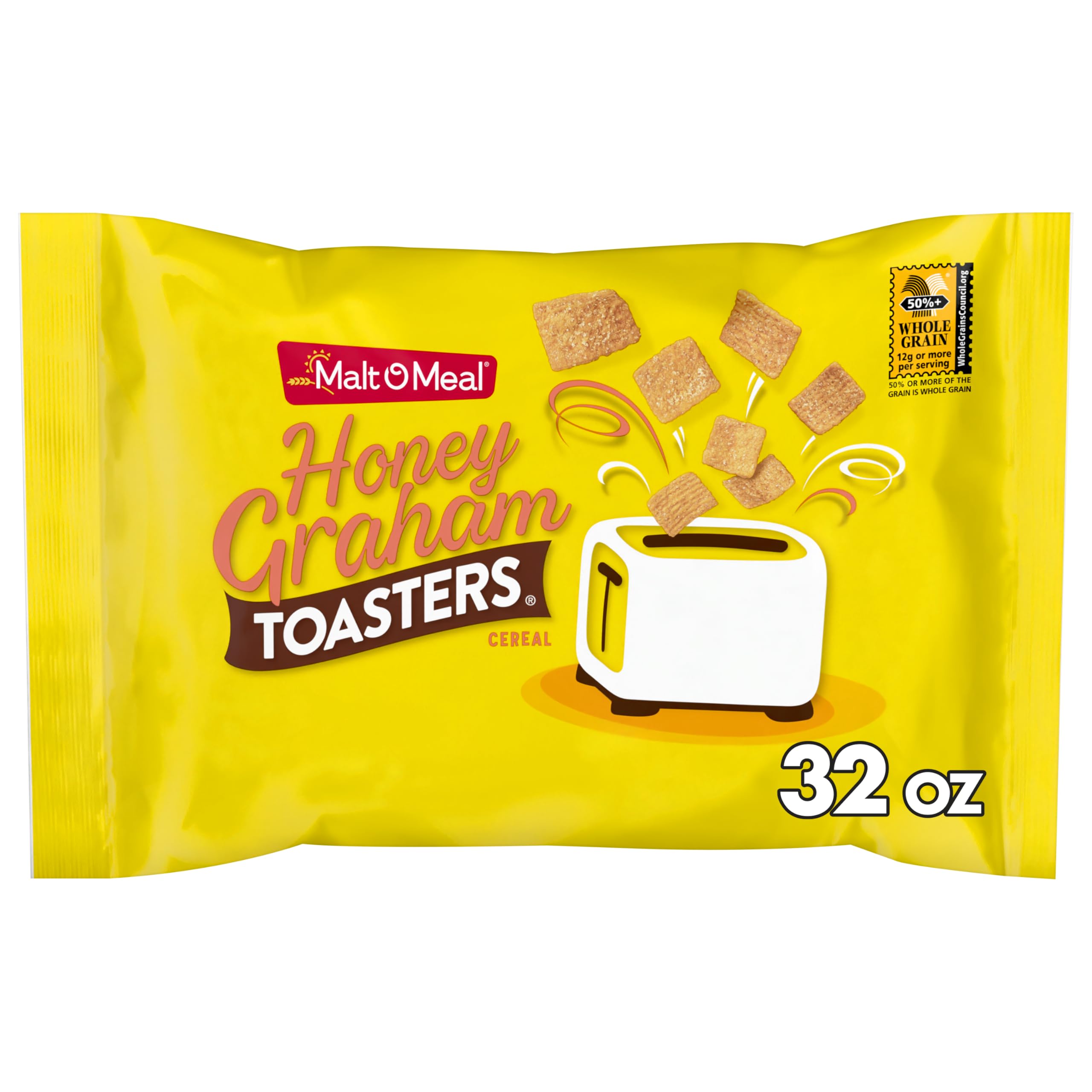 Malt-O-Meal Honey Graham Toasters bag with resealable seal keeps cereal fresh longer.