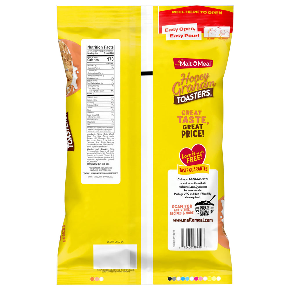 Resealable top on Malt-O-Meal Honey Graham Toasters bag maintains freshness.