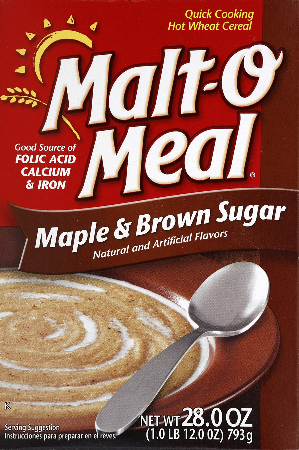 Malt-O-Meal Maple and Brown Sugar hot cereal box, quick breakfast option with iron.
