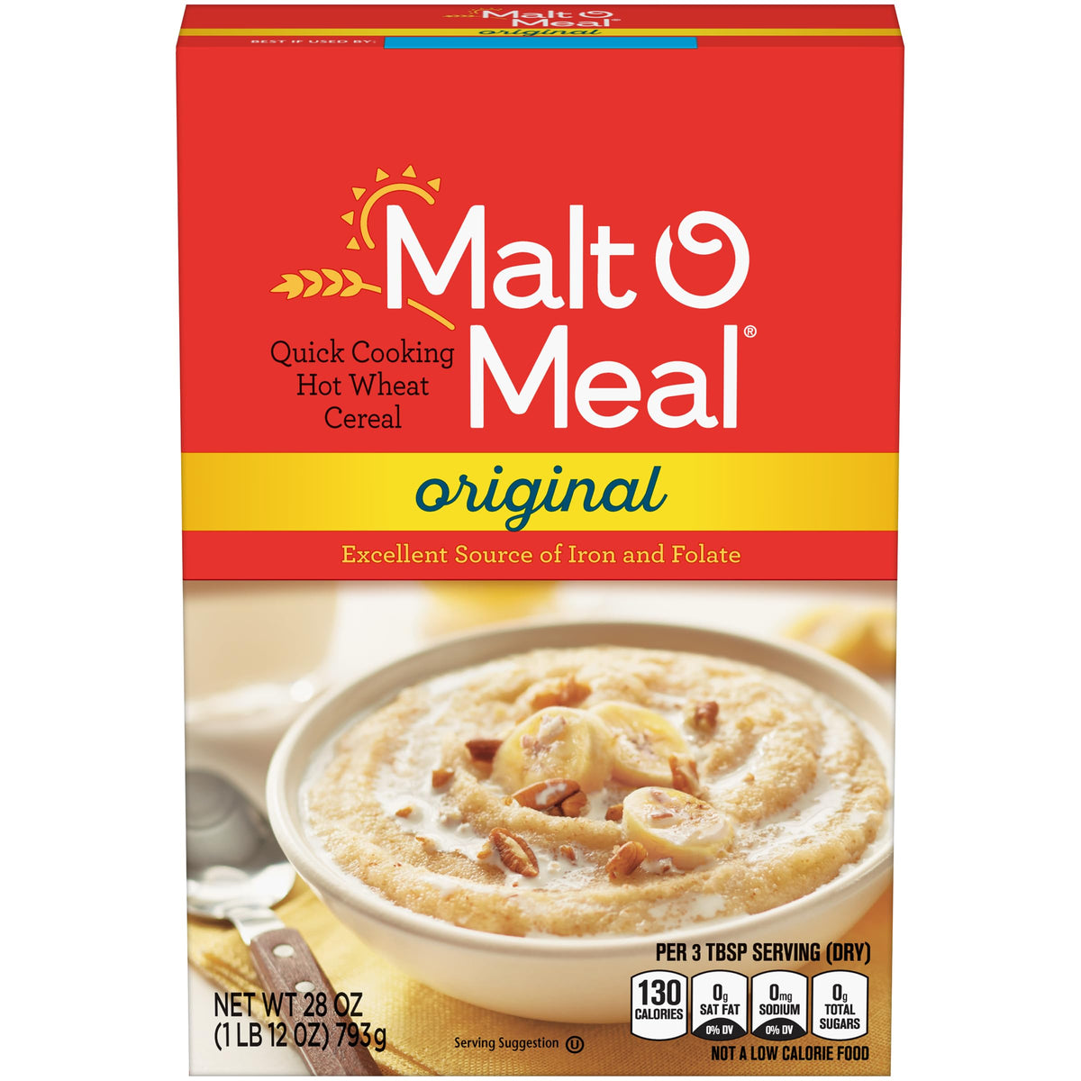 Malt-O-Meal Original hot cereal package on shelf, convenient breakfast option.