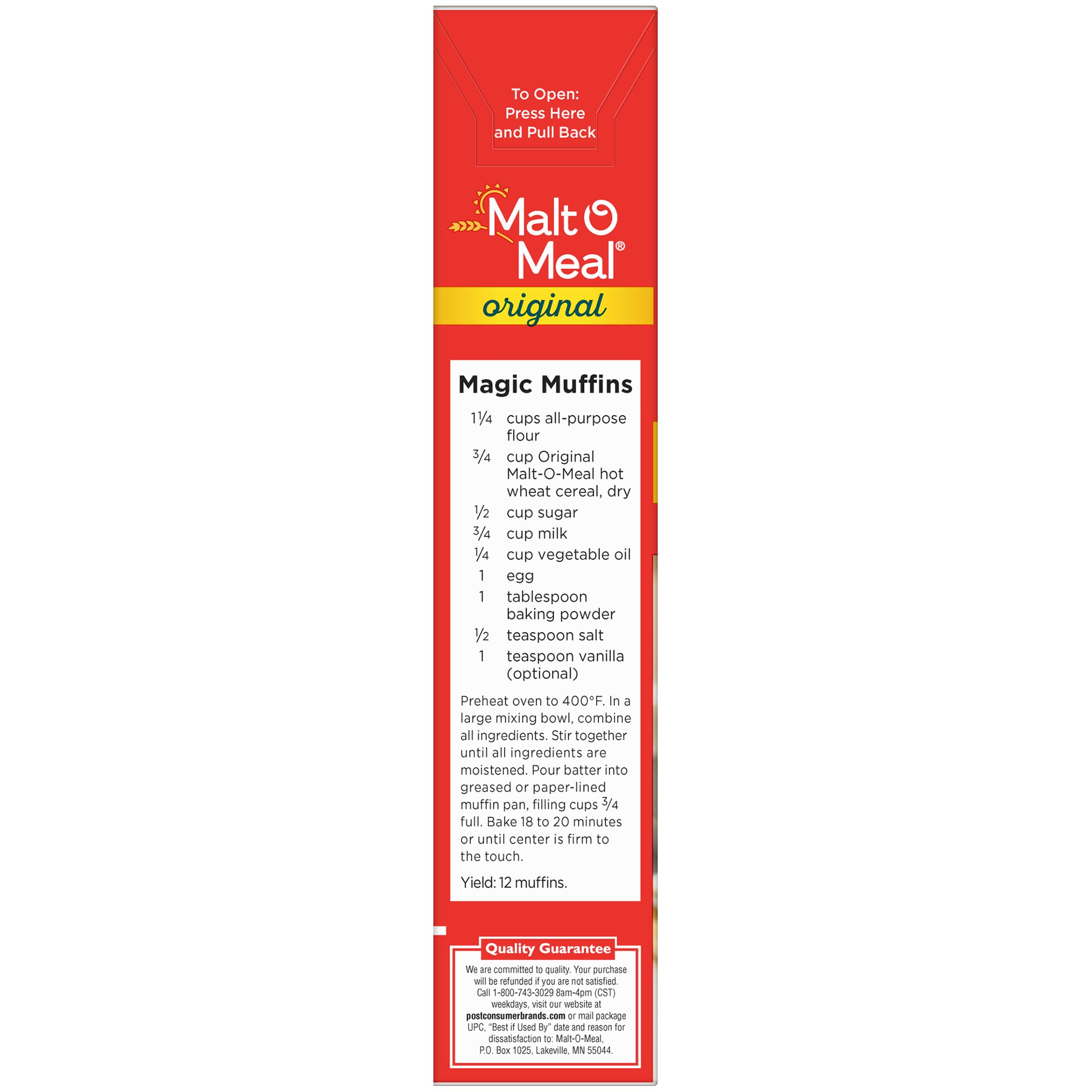 Malt-O-Meal Original nutrition label highlights iron and folate for daily nourishment.