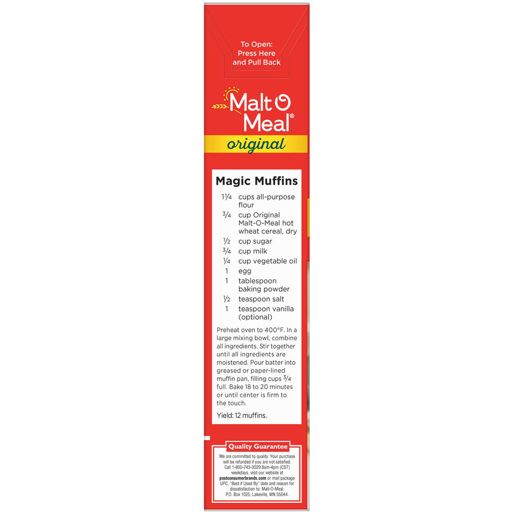 Malt-O-Meal Original nutrition label highlights iron and folate for daily nourishment.
