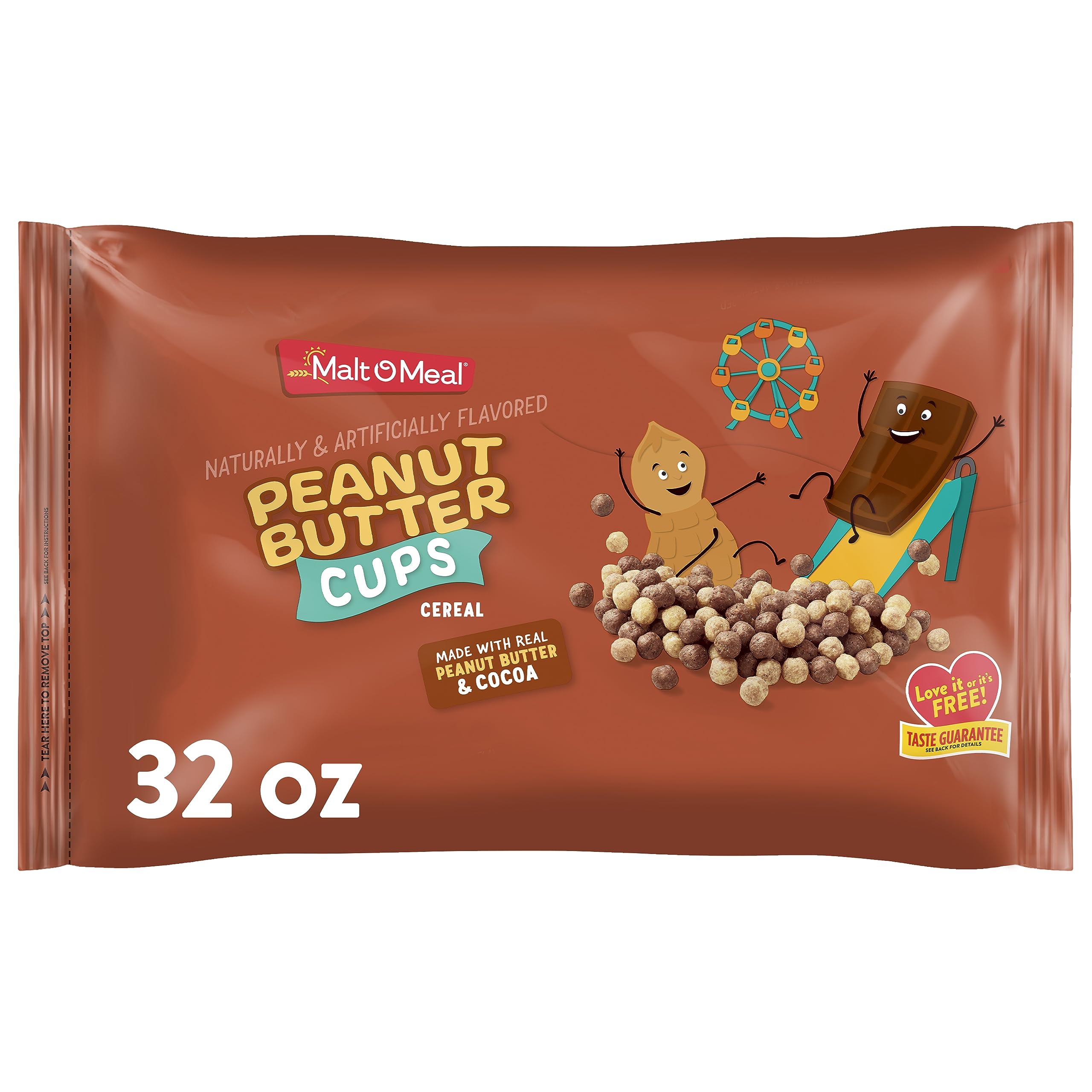 Malt-O-Meal Peanut Butter Cups cereal bag front, ideal for family breakfasts.