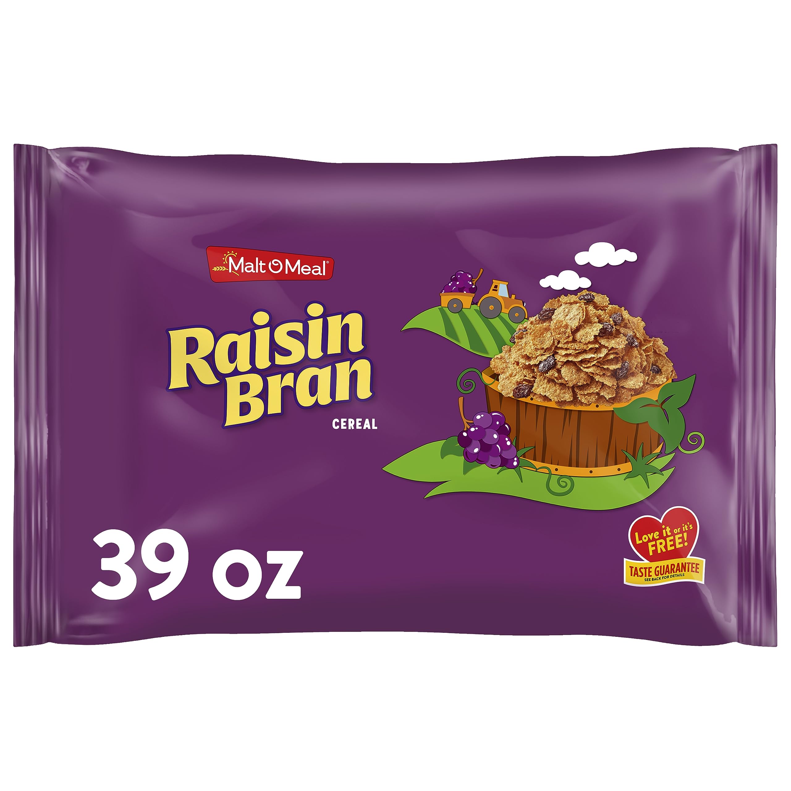 Malt-O-Meal Raisin Bran bag keeps cereal fresh with resealable closure.