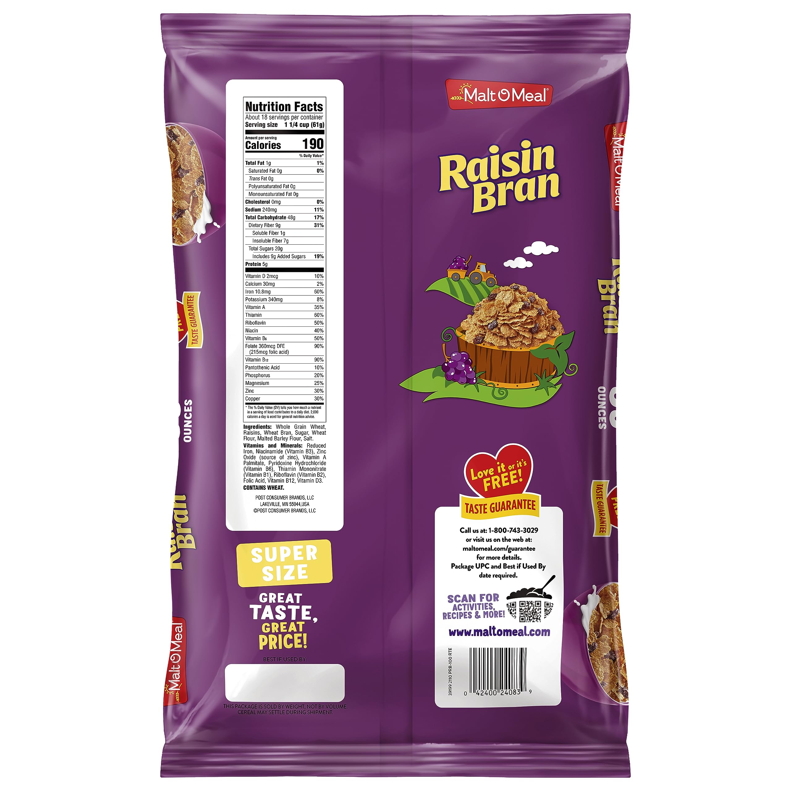 Malt-O-Meal Raisin Bran open bag displaying fresh cereal texture.