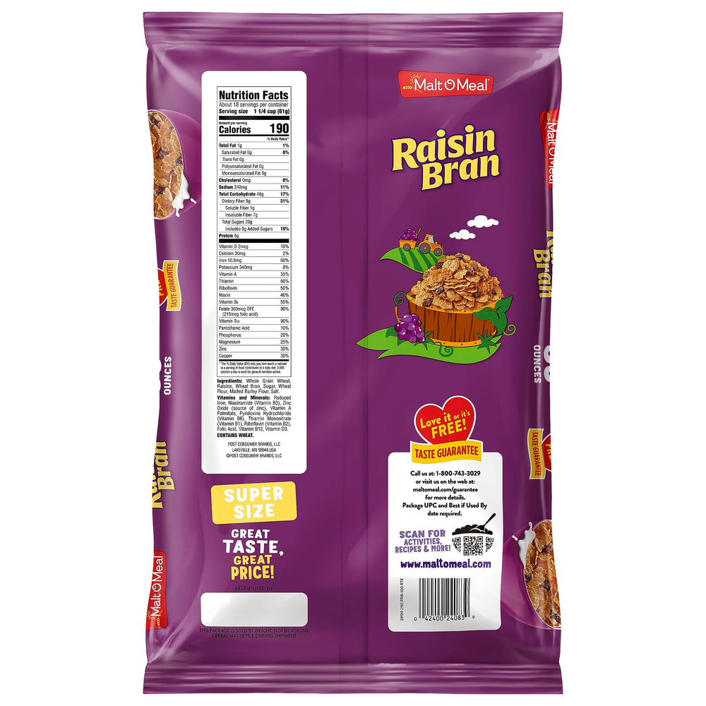 Malt-O-Meal Raisin Bran open bag displaying fresh cereal texture.