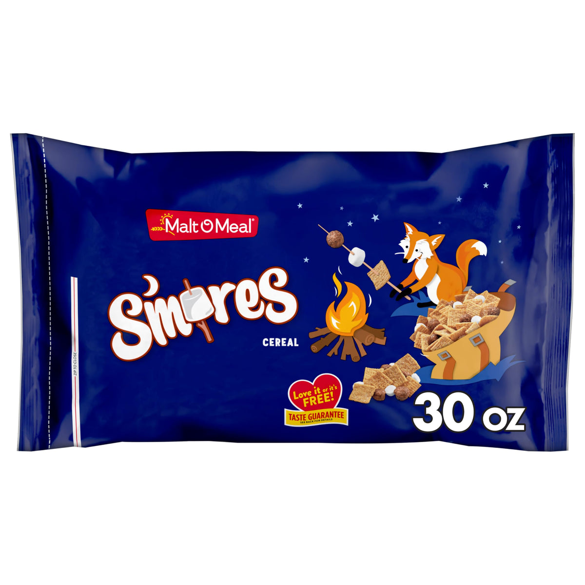 Malt-O-Meal S'mores cereal bag front invites family breakfast with campfire flavor