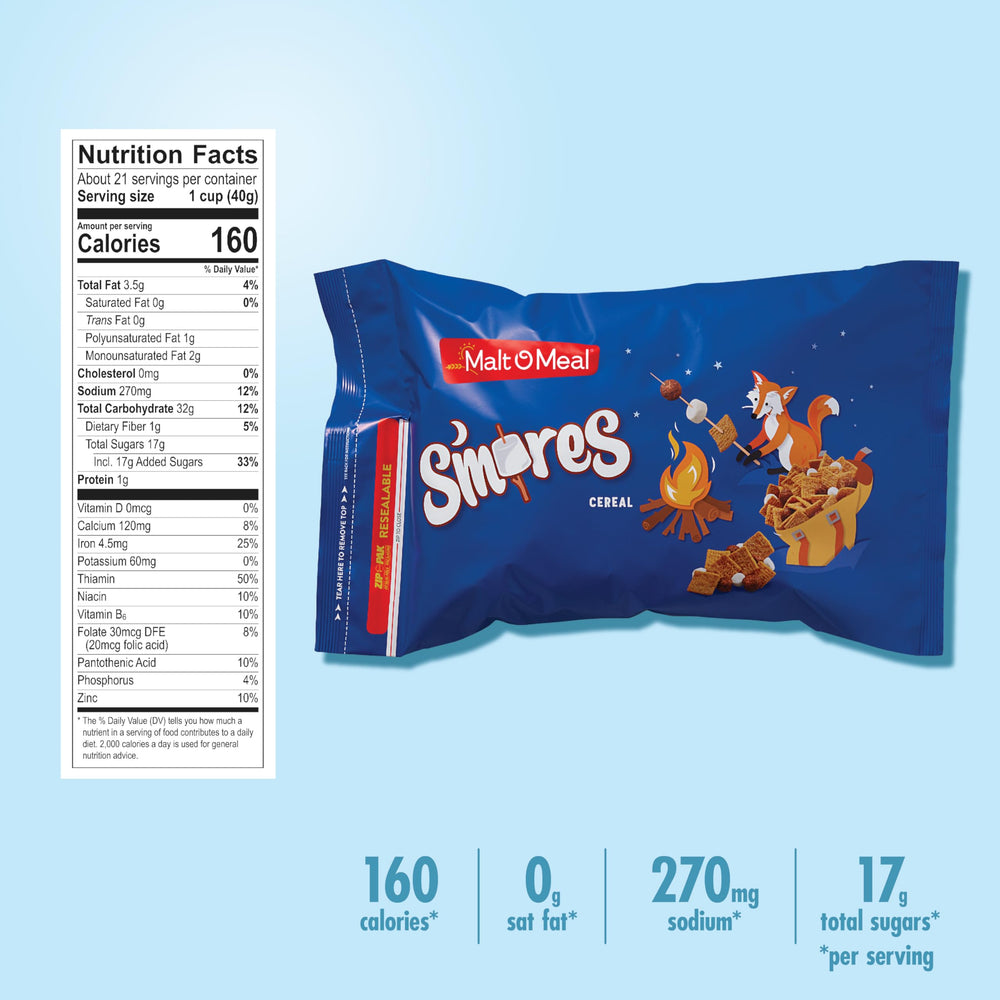 Malt-O-Meal S'mores cereal bag reseal keeps freshness for busy mornings