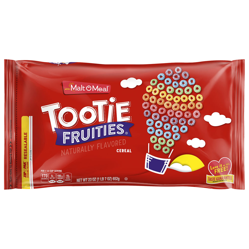 Malt-O-Meal Tootie Fruities bag top seal preserves freshness for mornings.