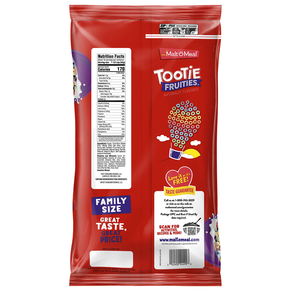 Malt-O-Meal Tootie Fruities bowl with colorful pieces brightens breakfast.