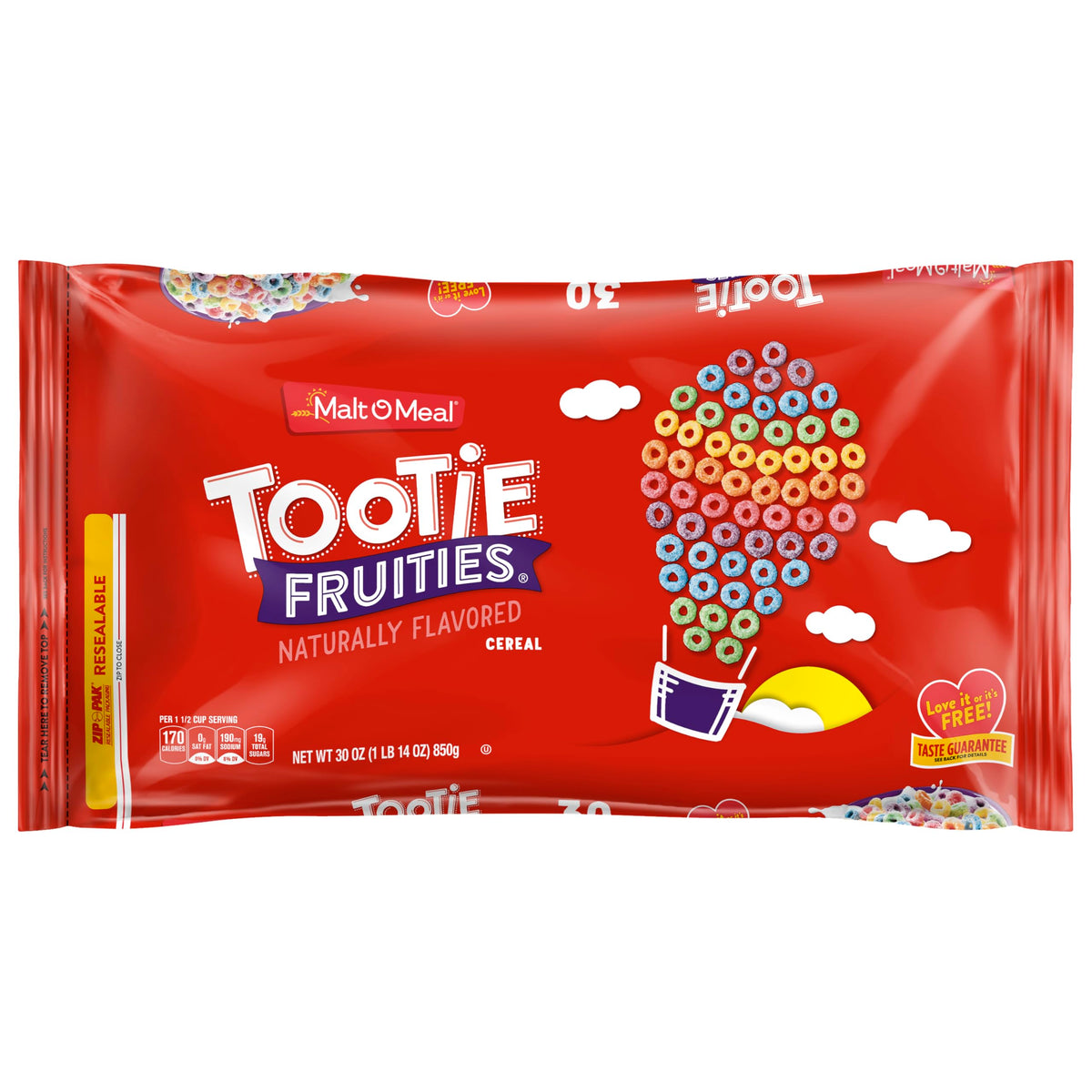 Malt-O-Meal Tootie Fruities cereal bag front shows vibrant colors for a fun breakfast.