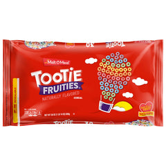 Malt-O-Meal Tootie Fruities cereal bag front shows vibrant colors for a fun breakfast.
