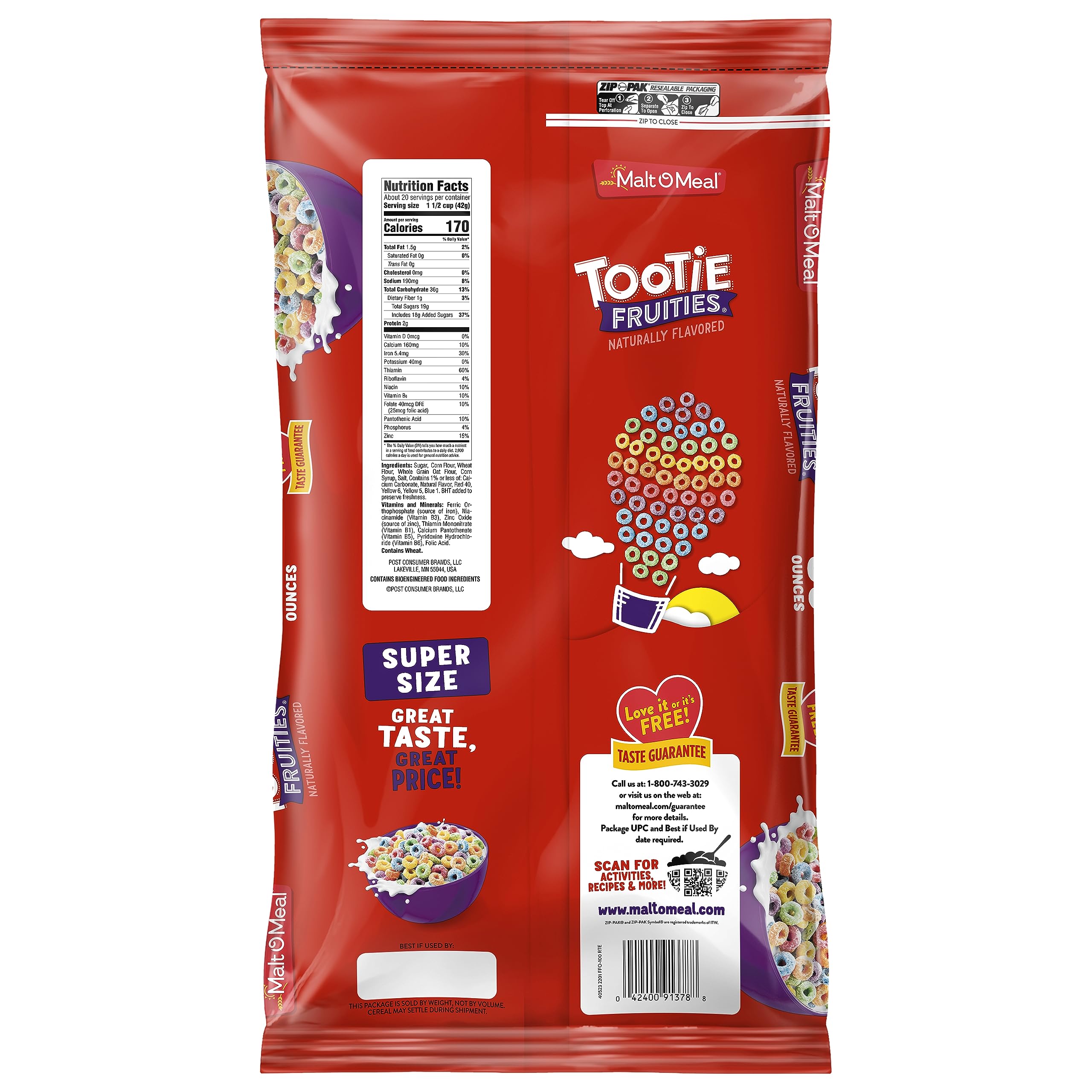 Malt-O-Meal Tootie Fruities cereal on a kitchen counter for mornings.