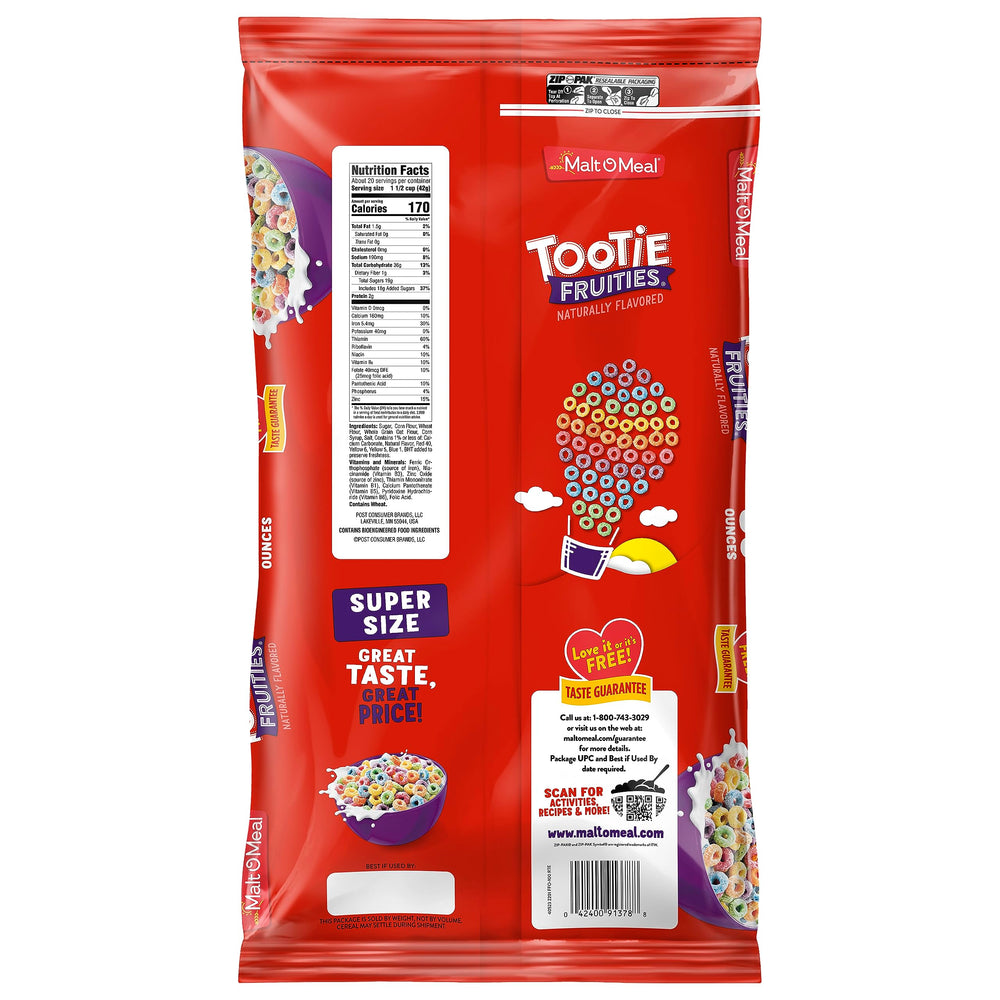 Malt-O-Meal Tootie Fruities cereal on a kitchen counter for mornings.