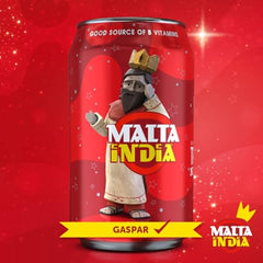 Malta India bottle side view, showing dark color and earthy malt notes for a bold taste.
