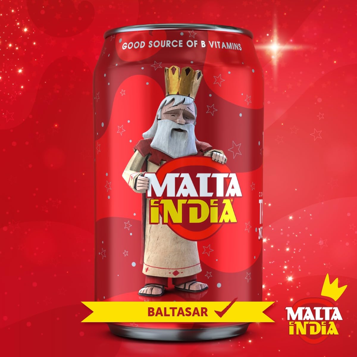 Malta India label close-up reveals branding and molasses-like notes for a rich aroma.