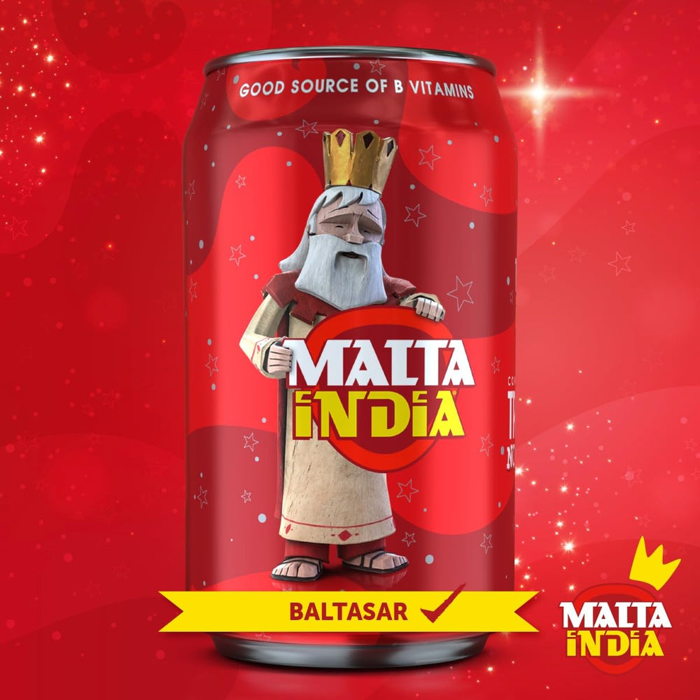 Malta India label close-up reveals branding and molasses-like notes for a rich aroma.