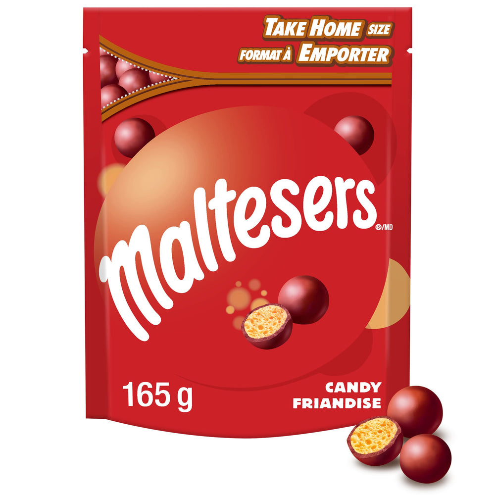 Maltesers stand-up pouch front view, ideal for sharing moments.