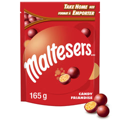 Maltesers stand-up pouch front view, ideal for sharing moments.
