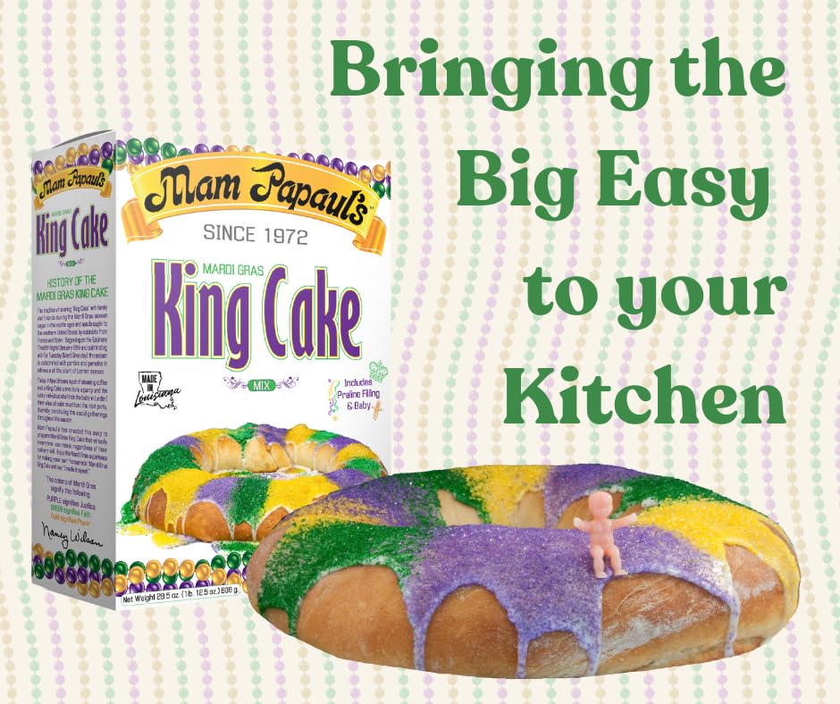 Mam Papaul's King Cake Mix colored sugars in purple, green, and gold for Mardi Gras vibes.