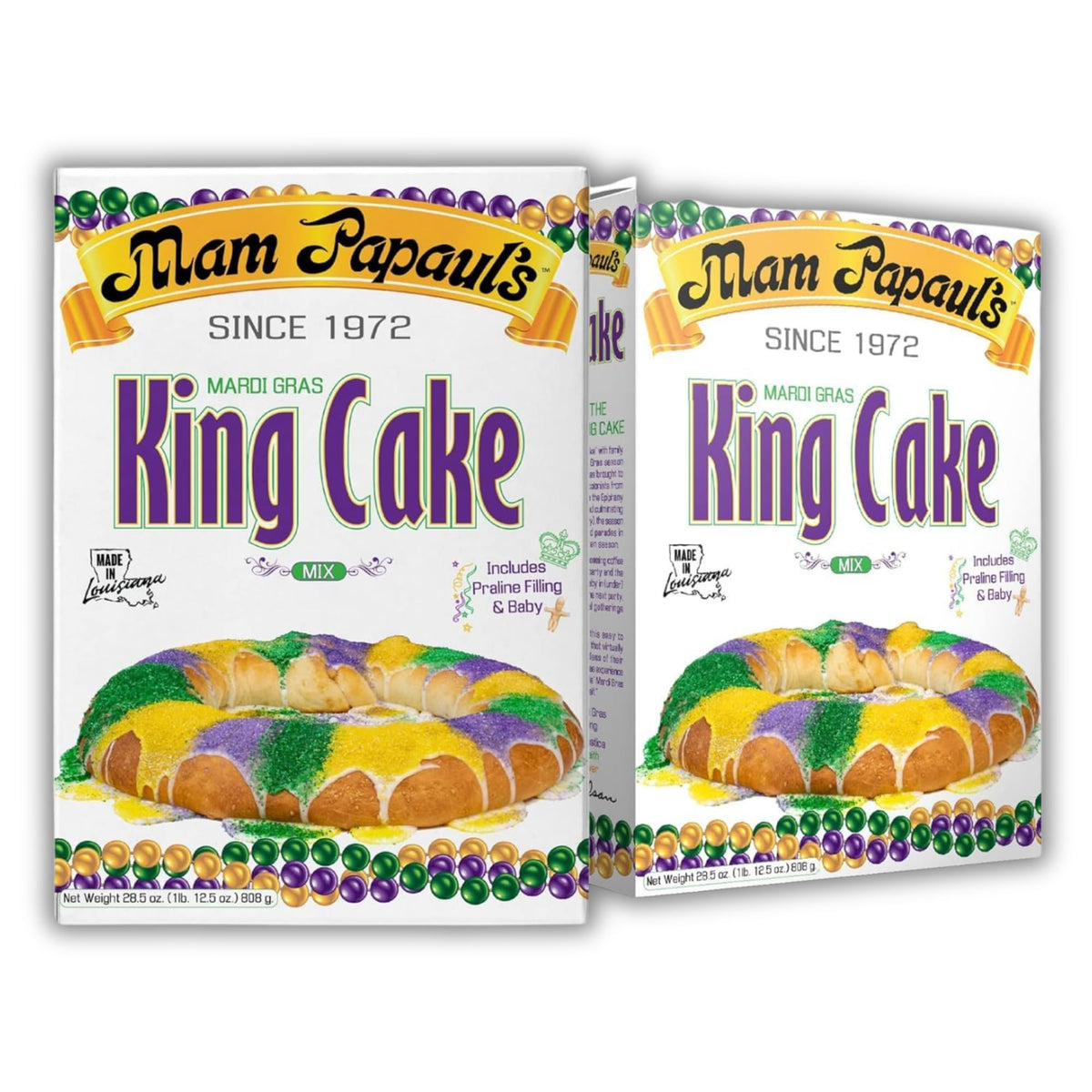 Mam Papaul's King Cake Mix packaging shows an all-in-one kit for easy Mardi Gras baking at home.