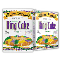 Mam Papaul's King Cake Mix packaging shows an all-in-one kit for easy Mardi Gras baking at home.