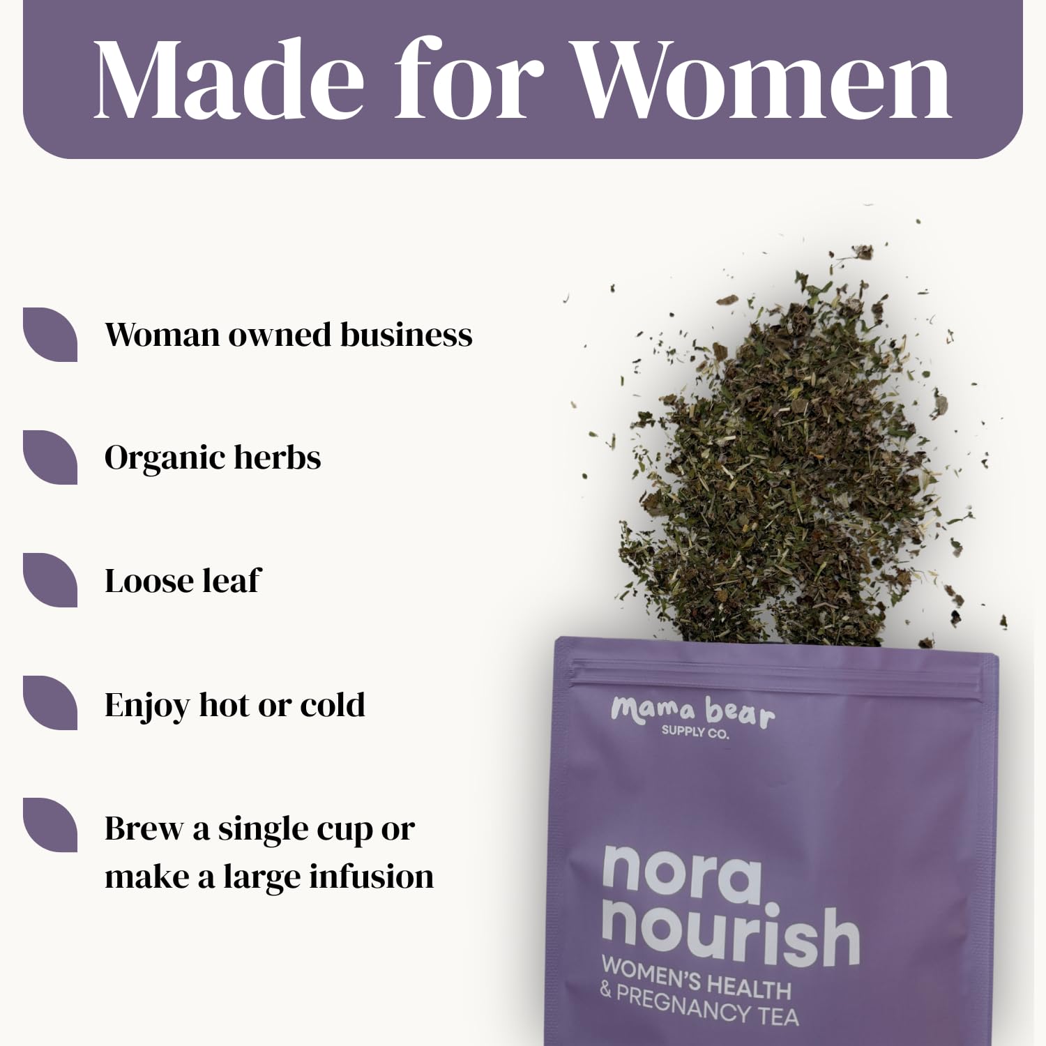 Mama Bear Nora Nourish tea label signaling caffeine-free, natural blend.