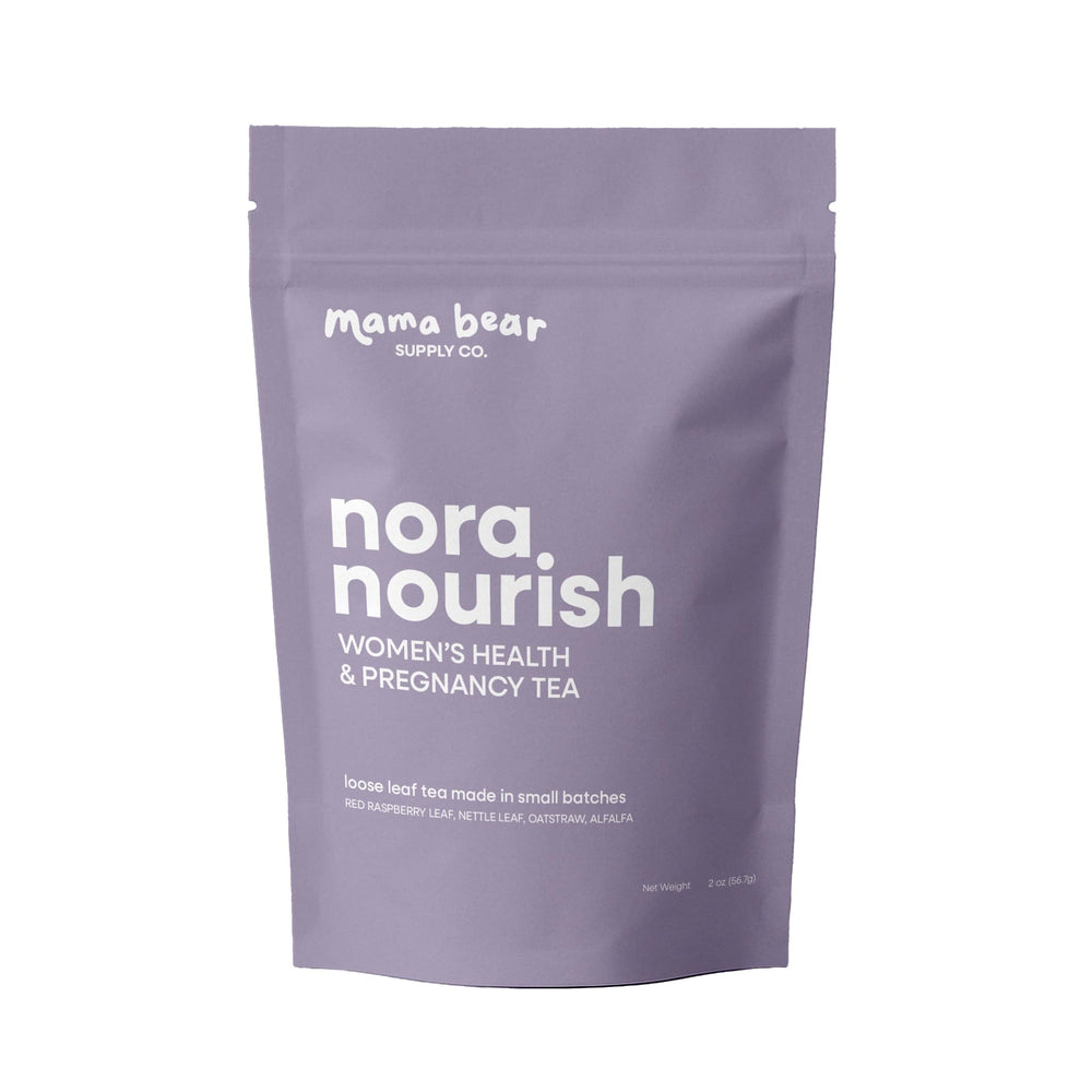 Mama Bear Nora Nourish tea pack ready for steeping to support third-trimester comfort.