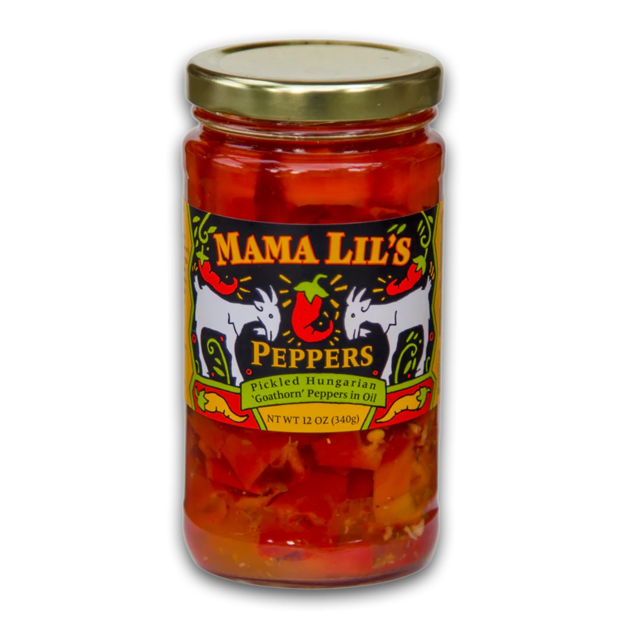 Mama Lil’s mild Hungarian goathorn peppers in oil in a jar, ready for sandwiches.