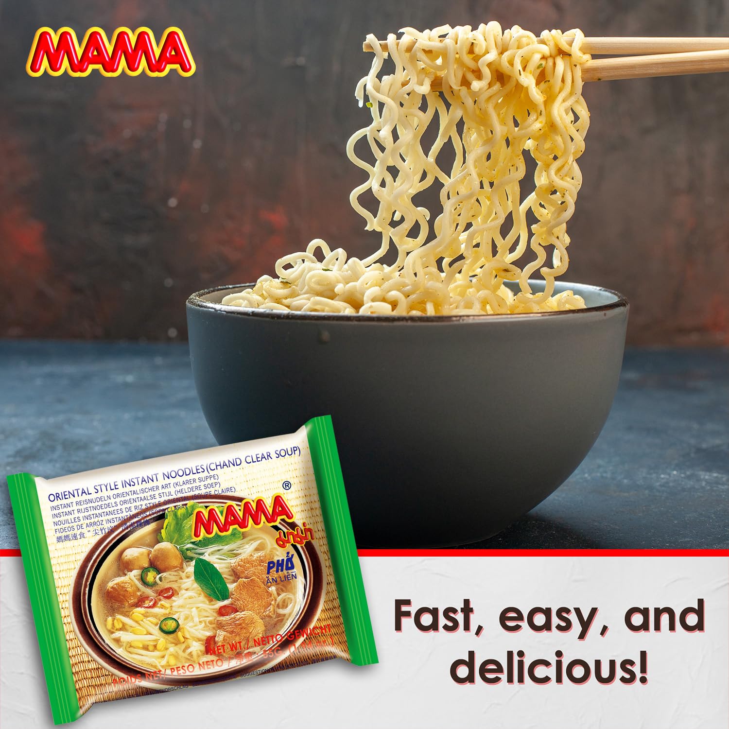 Thirty-pack MAMA Chand Clear Soup on pantry shelves.