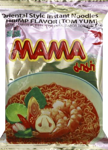 MAMA Noodles Shrimp Tom Yum cup close-up with spicy aroma.