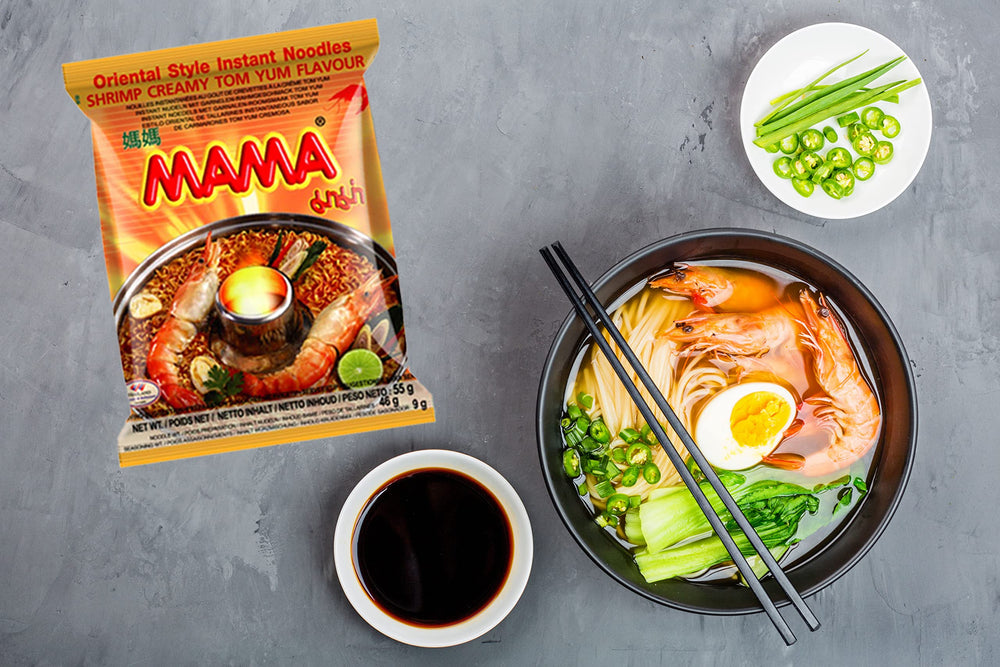 MAMA ramen creamy shrimp flavor pack adds tropical richness