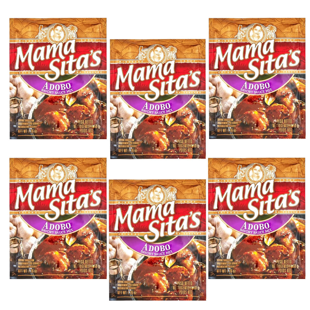 Mama Sita's Adobo front-pack view shows six sachets for quick weeknight meals.
