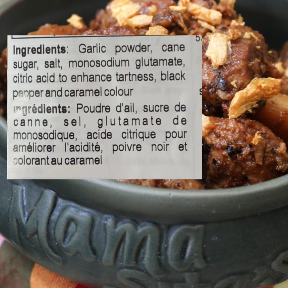 Mama Sita's Adobo pack6 ingredients close-up highlights savory spices for robust flavor.