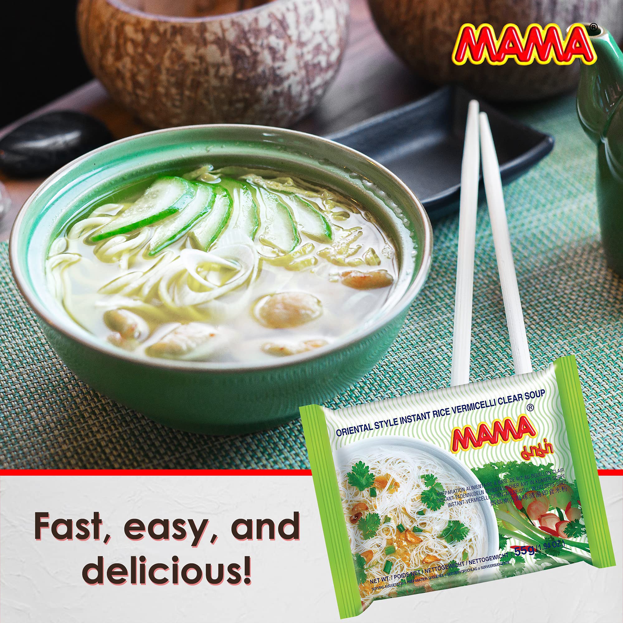 MAMA spicy broth with chilies and herbs in bowl highlights depth of flavor.