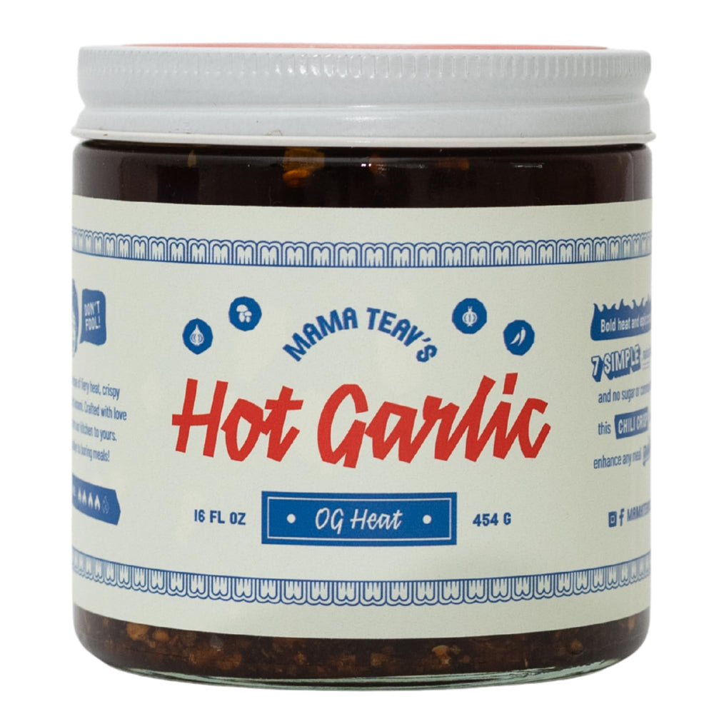 Mama Teav's Hot Garlic Chili Crisp bottle front adds bold Cambodian heat.