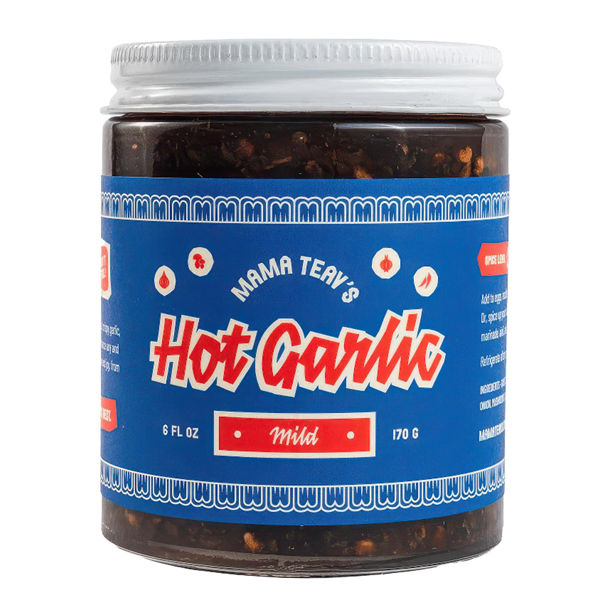 Mama Teav's Mild Garlic Chili Crisp bottle adds gentle heat and depth to meals.