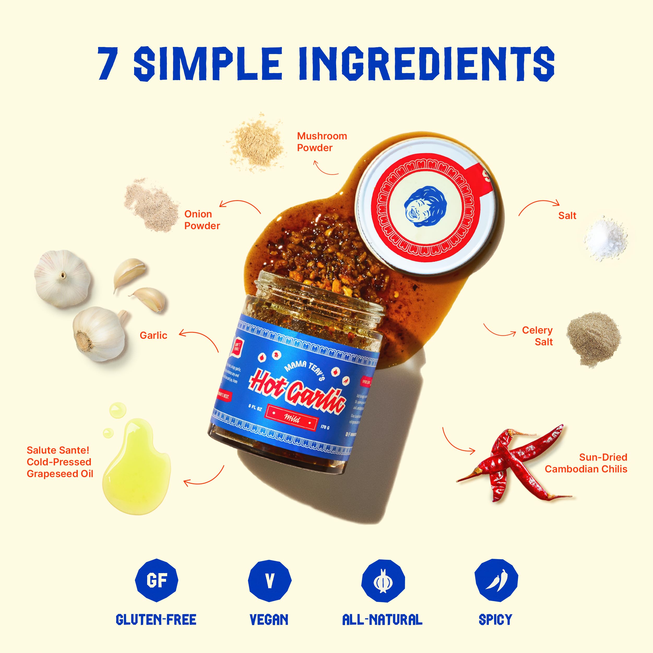Mama Teav's Mild Garlic Chili Crisp jar closeup with vibrant, crunchy garlic bits.