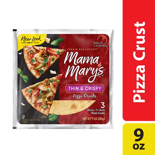 Three-pack of Mama Mary's crusts on a cutting board, pantry-friendly