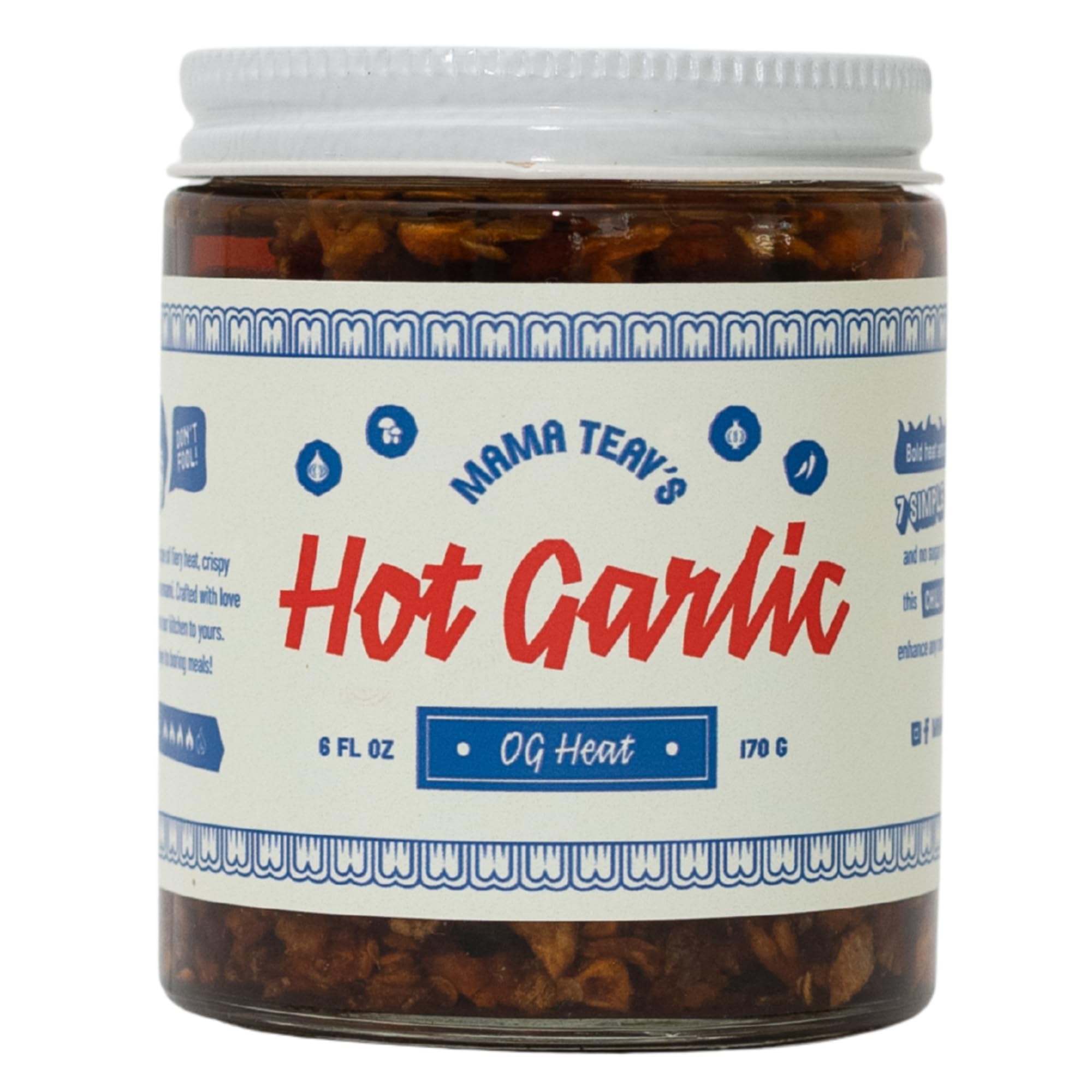 Mama Teav's Hot Garlic Chili Crisp jar with smoky Cambodian heat for noodles