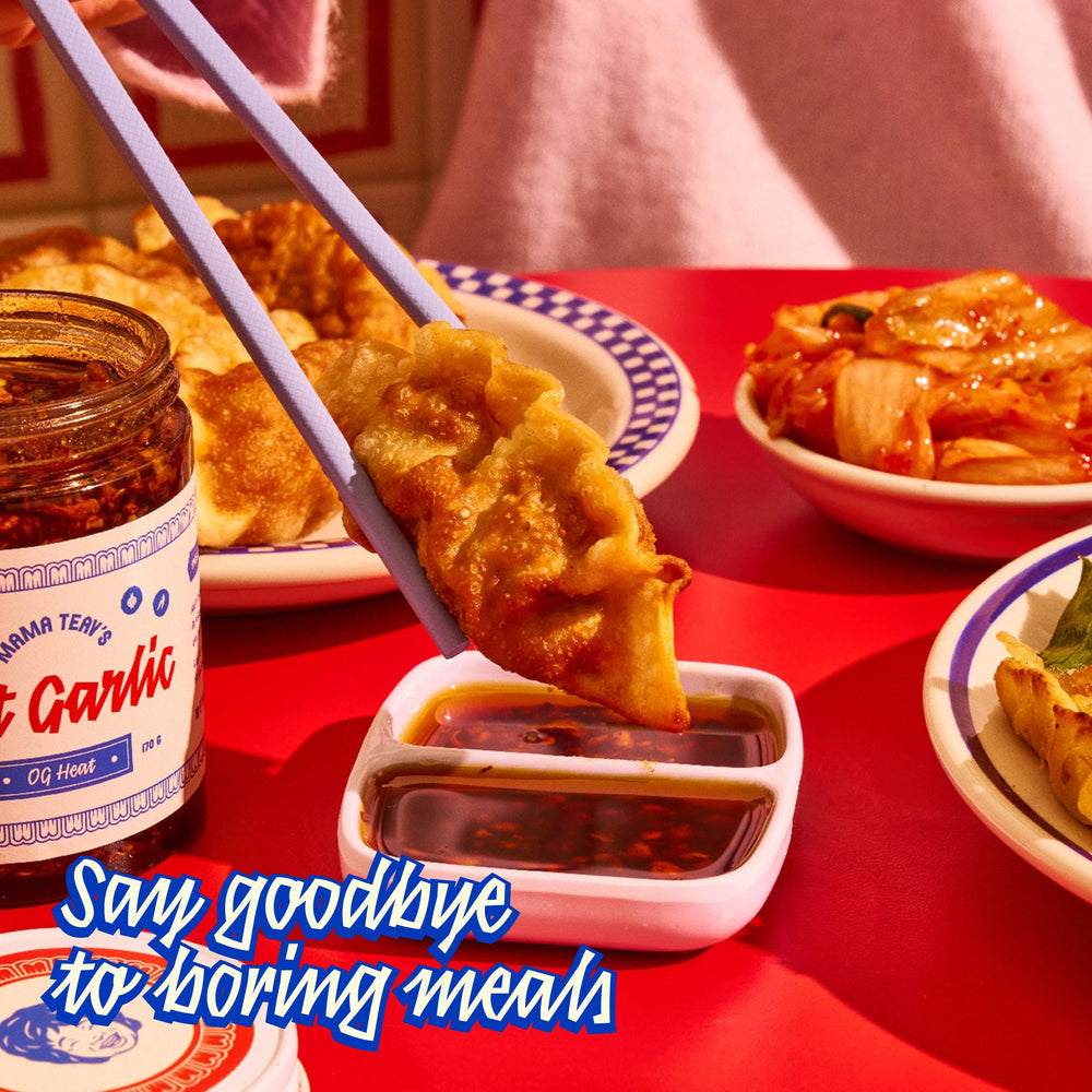 Serving suggestion for Mama Teav's Hot Garlic Chili Crisp on a dish