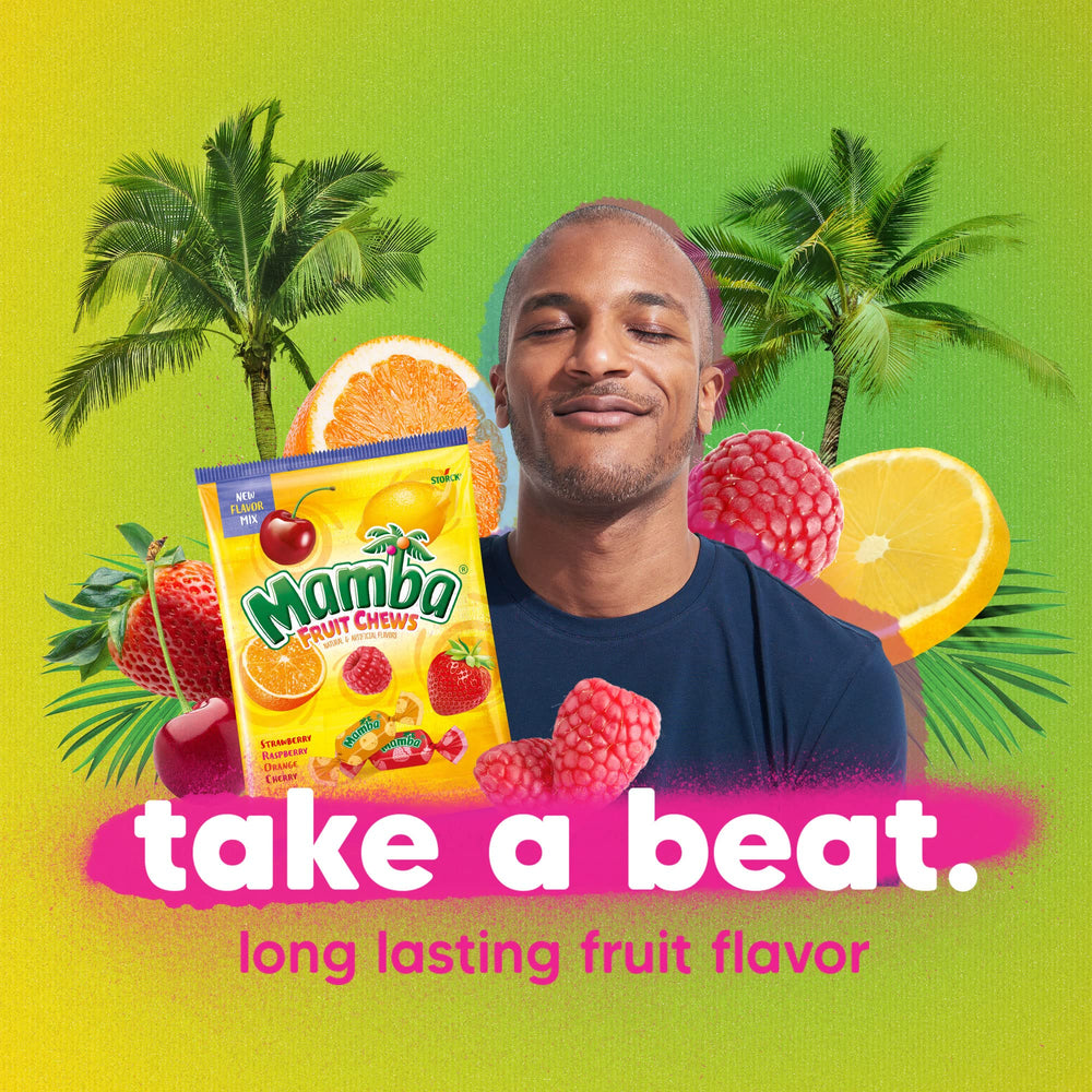 Mamba Fruit Chews bag back-label provides serving guidance and flavor notes