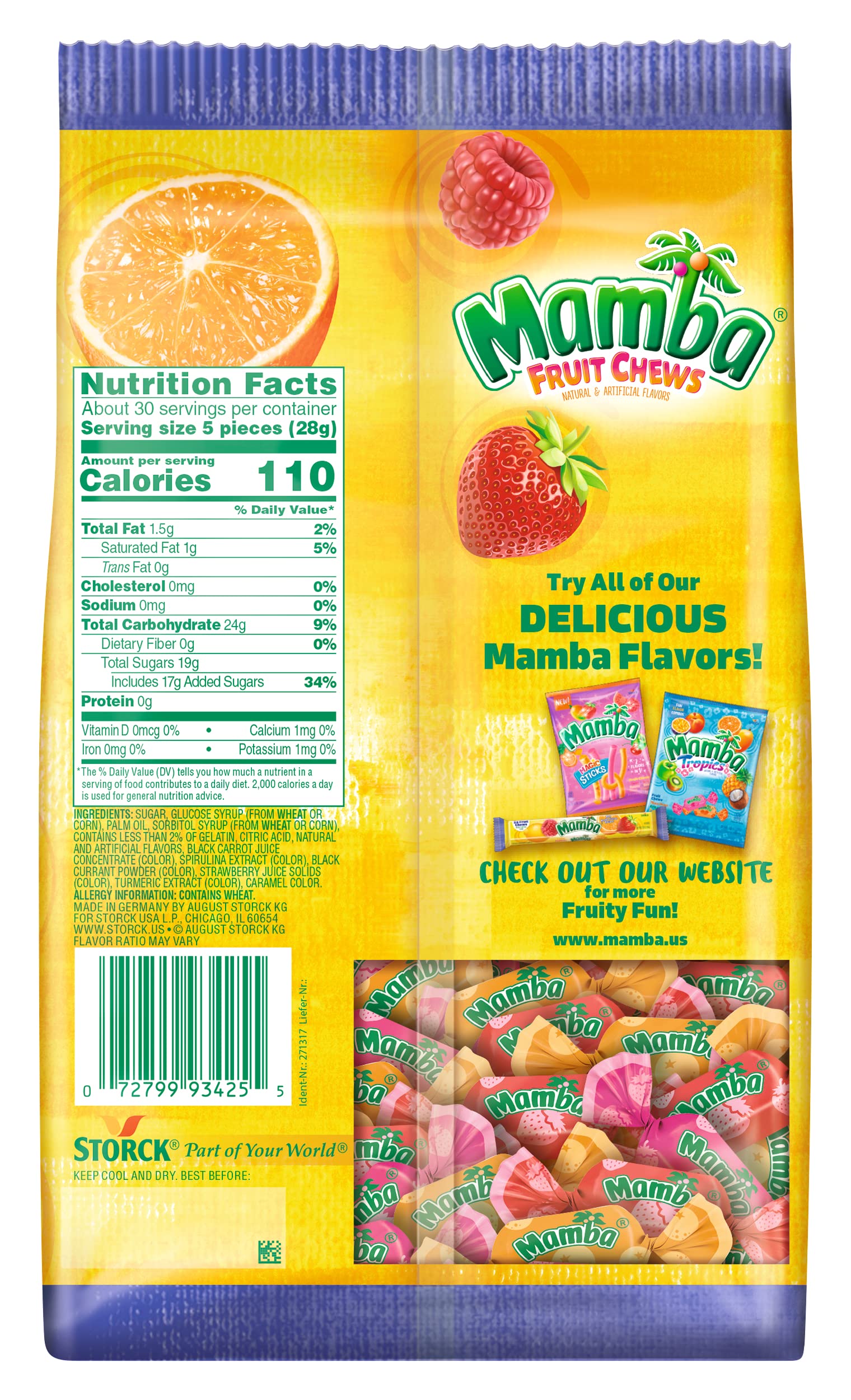 Mamba Fruit Chews four-flavors display highlights Strawberry, Raspberry, Lemon, Orange