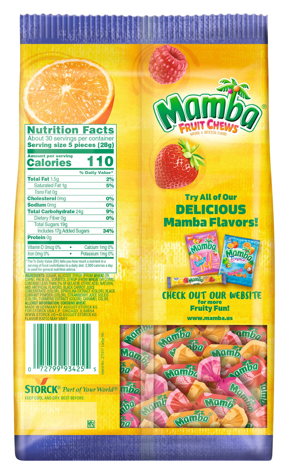 Mamba Fruit Chews four-flavors display highlights Strawberry, Raspberry, Lemon, Orange