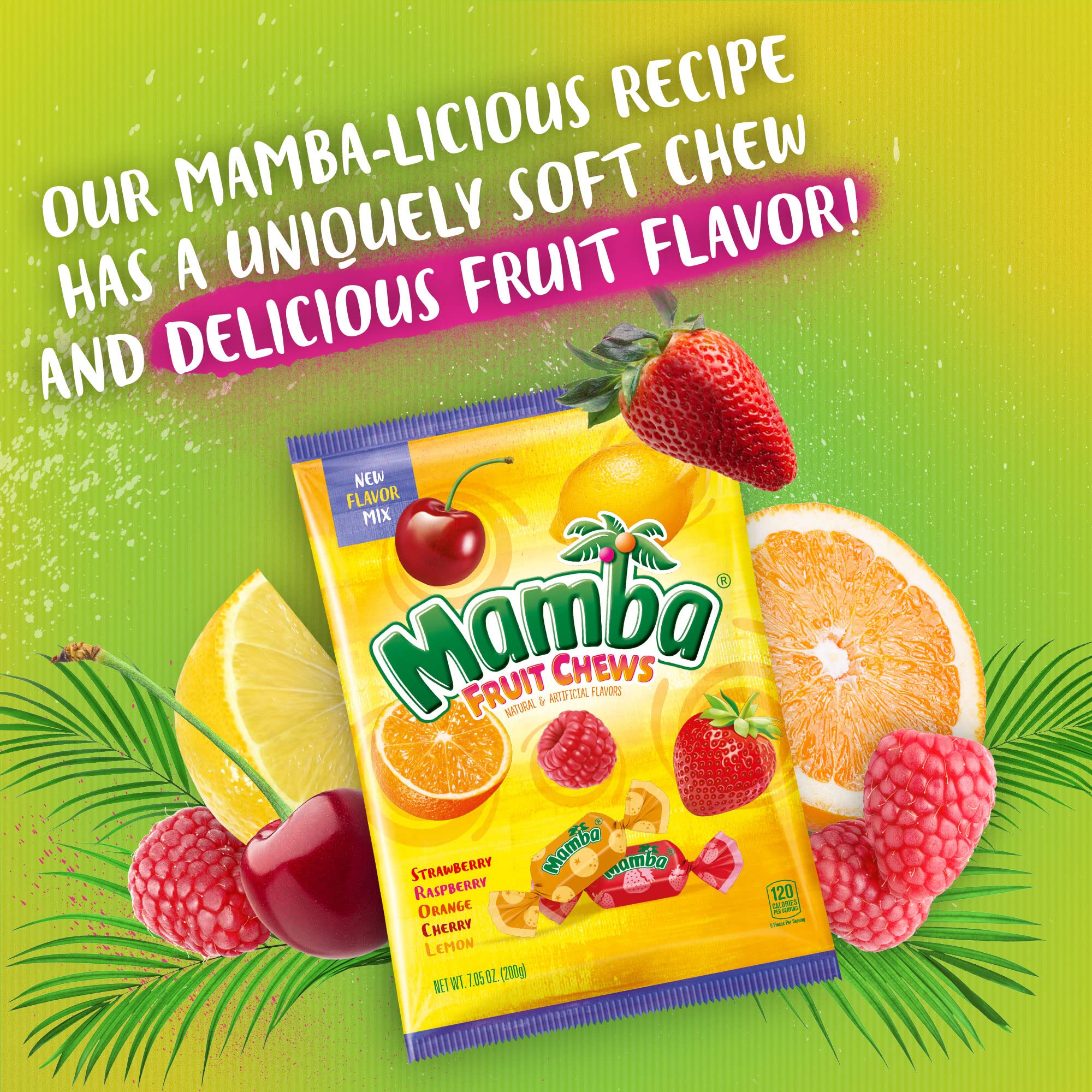 Mamba Fruit Chews inside packs shows variety for on-the-go snacking